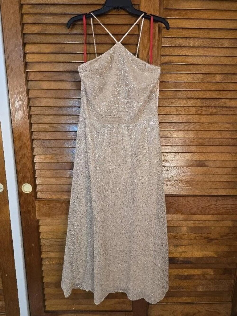 Gold Sequin Halter Midi Dress Size 12 Formal Wedding Guest Evening Gown - Picture 14 of 15